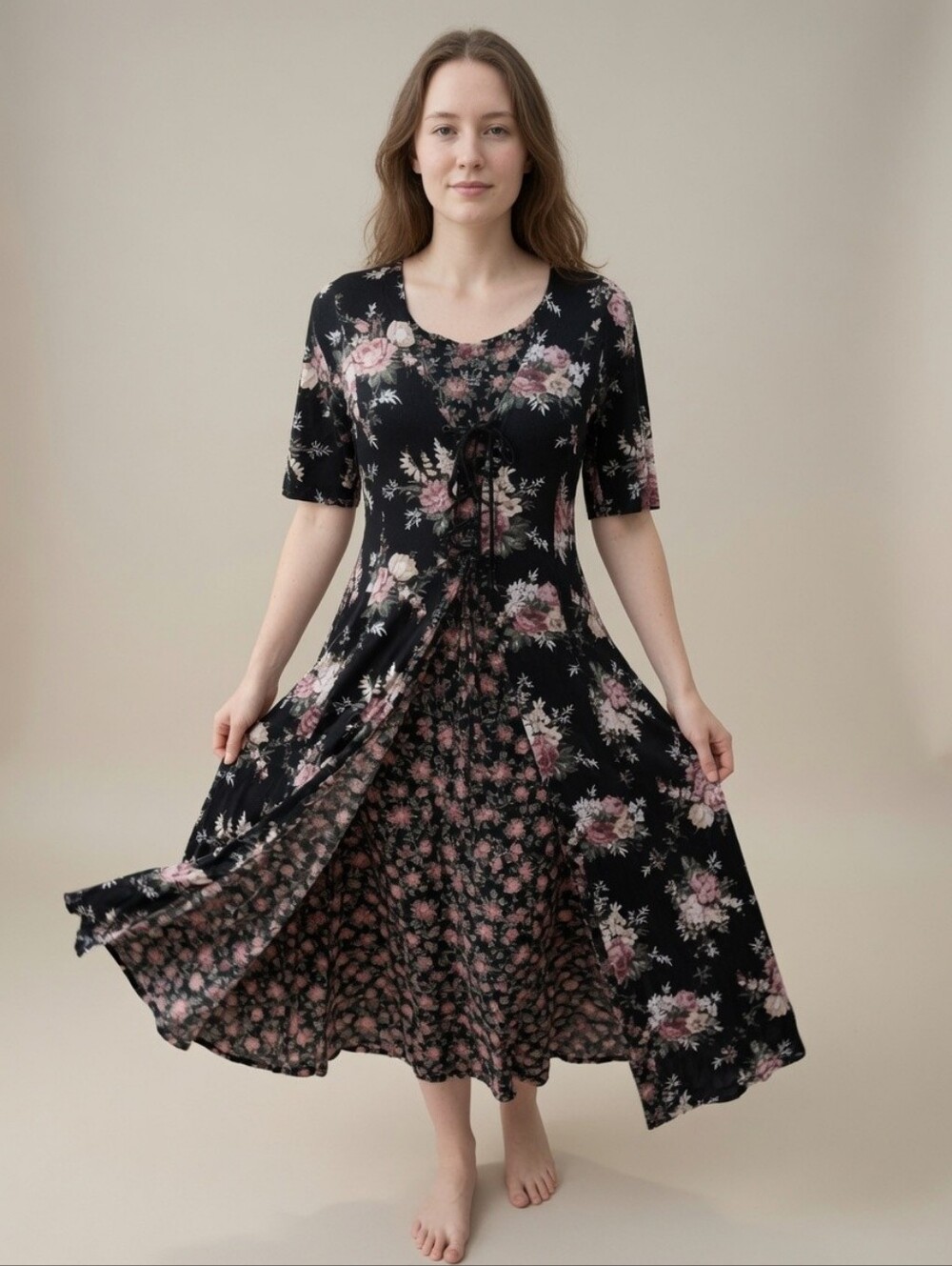 Vintage 90s Romantic Lace-Up Black Floral Midi Dress with Pink Roses